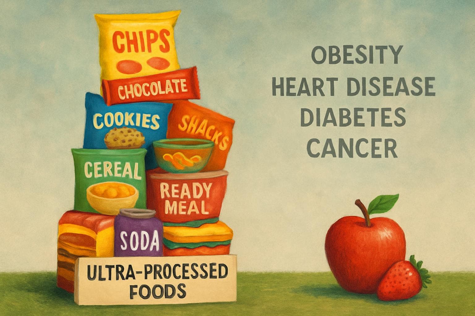 Stack of colorful packaged snacks next to a small fresh fruit