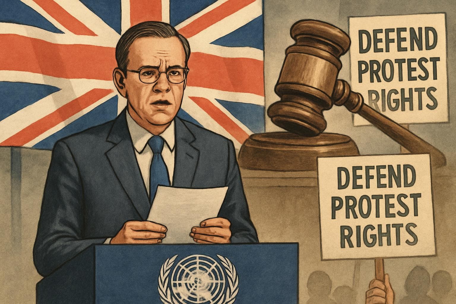 UN official with UK flag, gavel, and protest placards