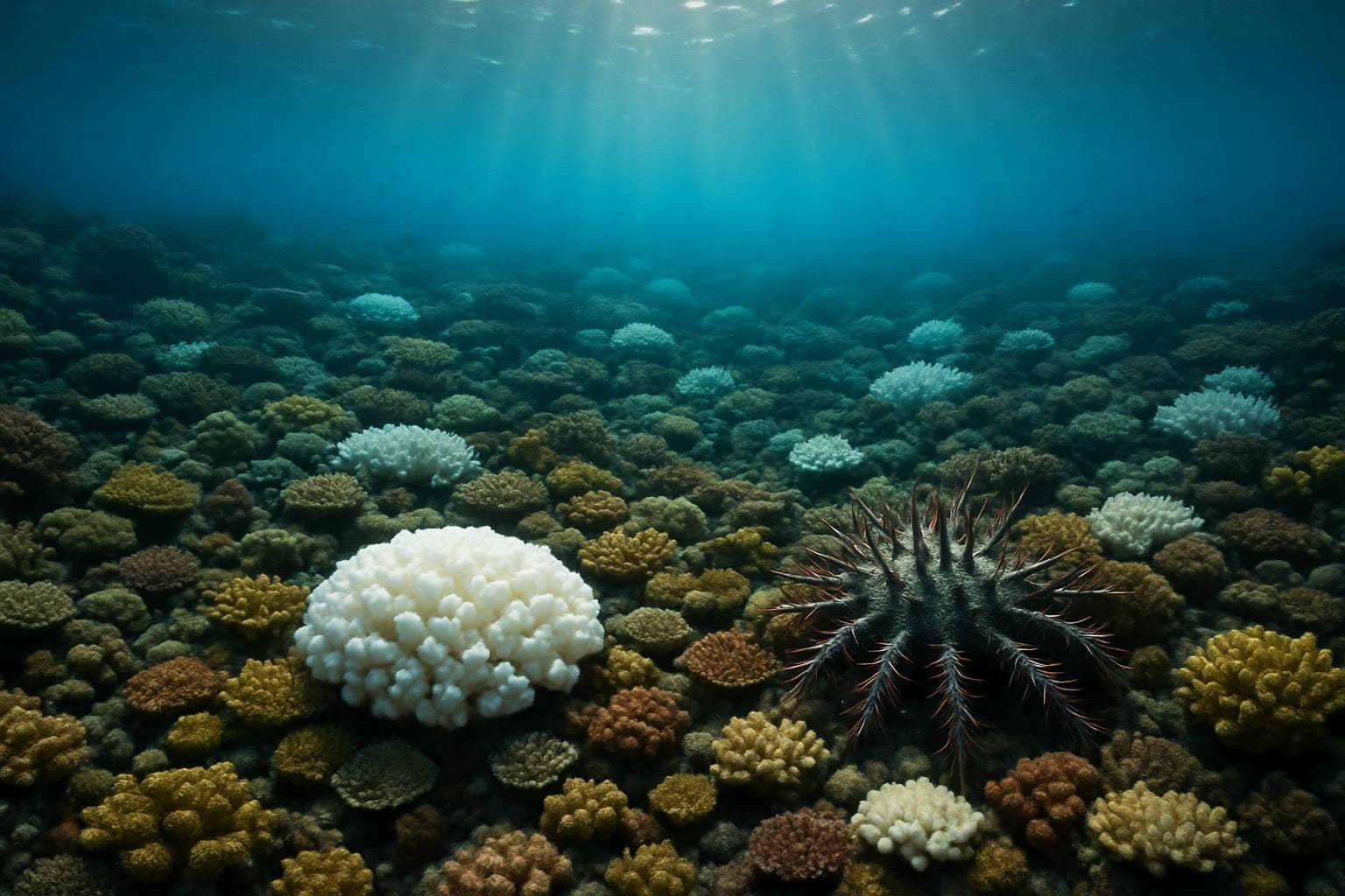 Underwater coral reef with bleached corals and starfish