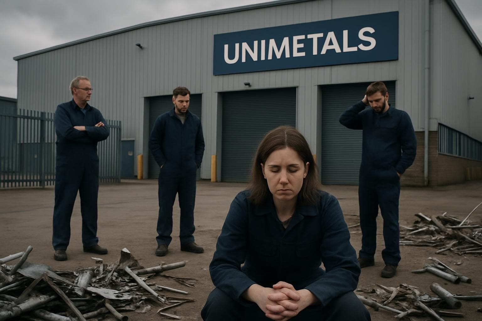 Closed Unimetals facility with somber employees and metal scraps