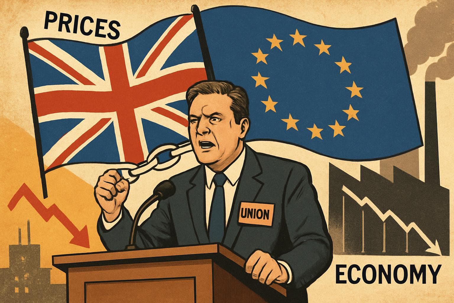 Union leader at podium with UK and EU flags and economic symbols