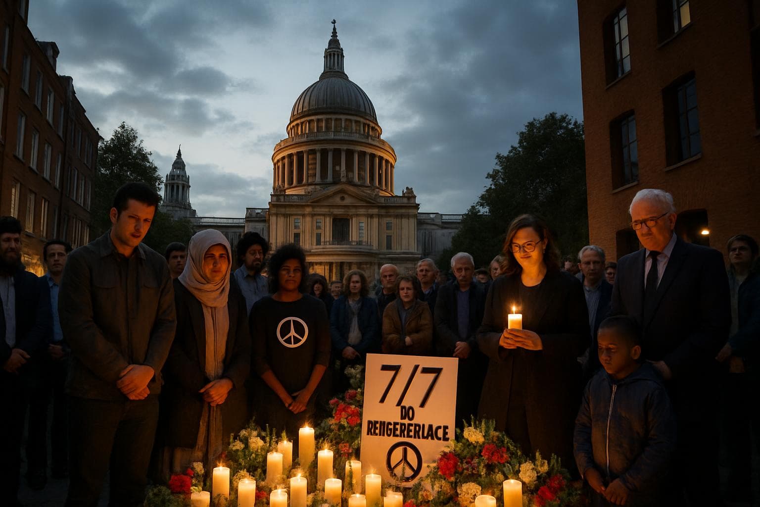 Citizens gather near St. Paul's Cathedral with candles and flowers.