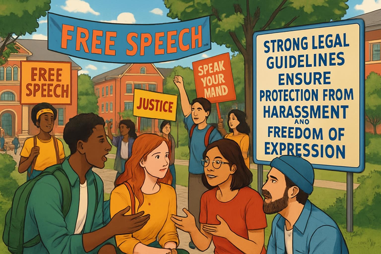 Diverse students discussing and protesting on campus