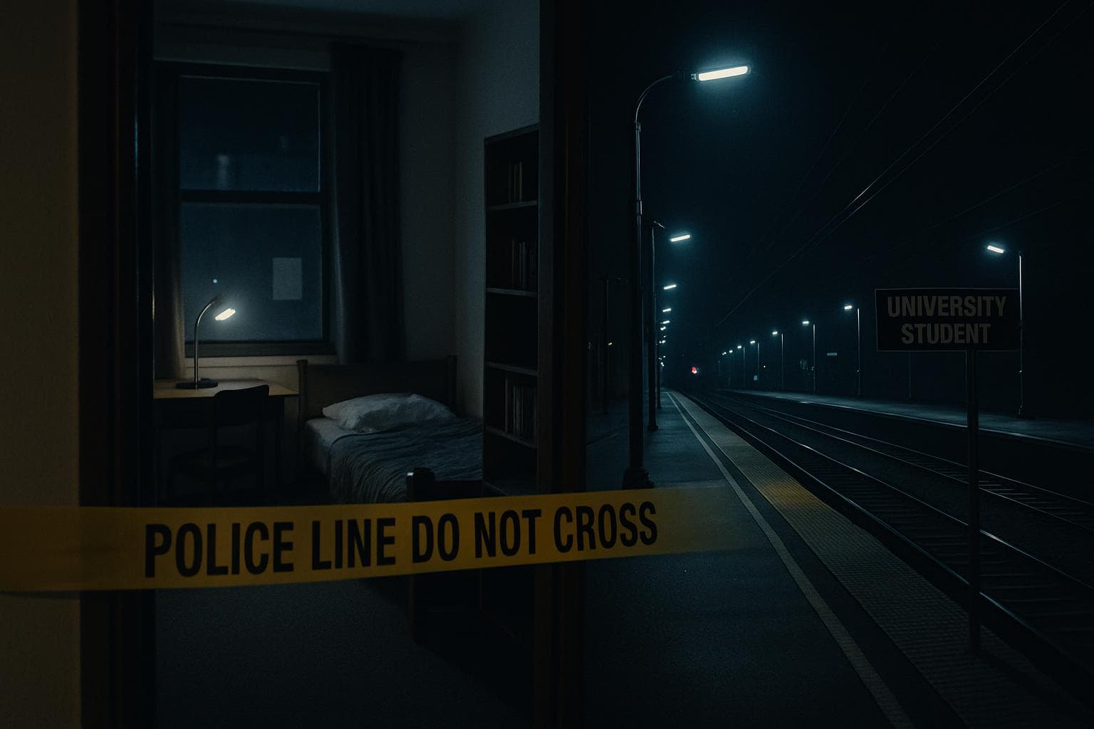 University dorm room entrance with police tape
