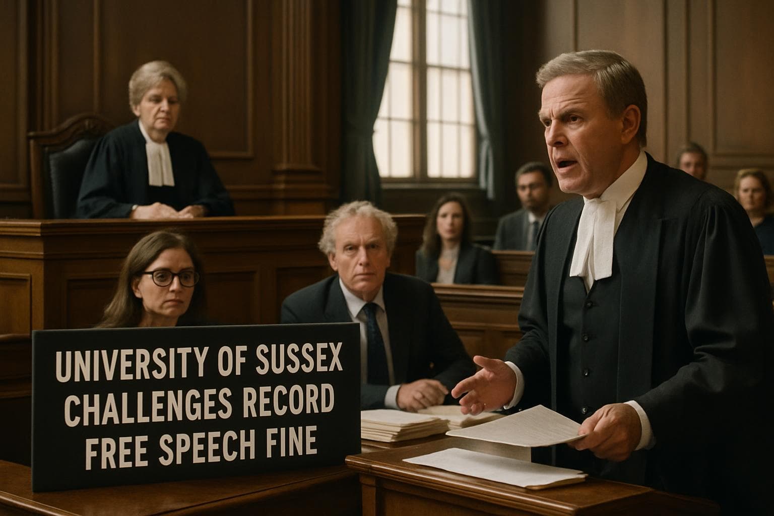 Courtroom scene with University of Sussex legal battle