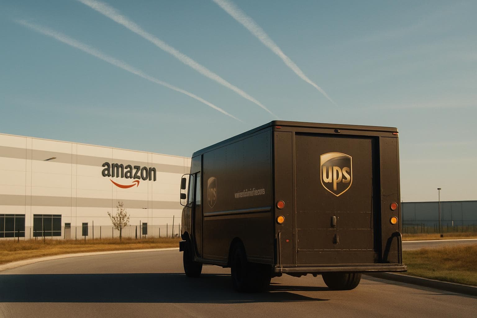 UPS truck leaving Amazon warehouse with plane trails in sky