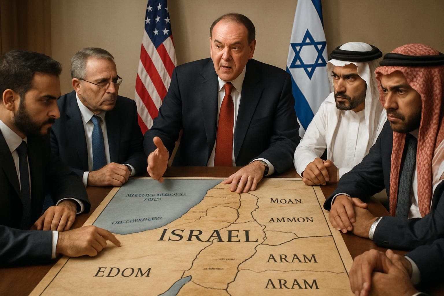 Diplomatic meeting with map of Middle East borders