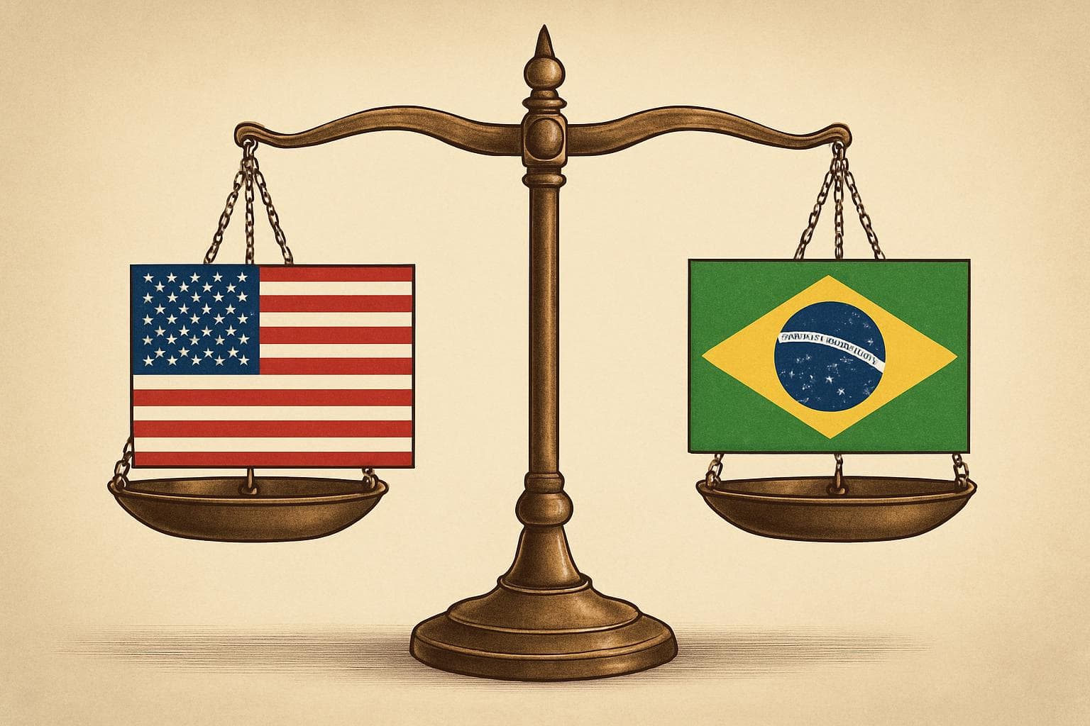 Balanced scale with American and Brazilian flags
