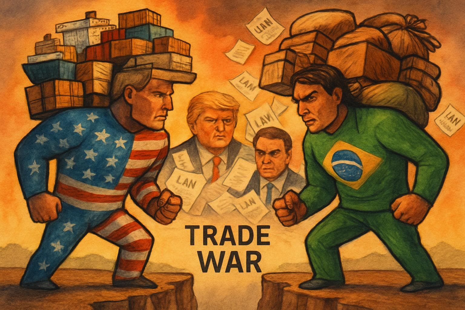 US and Brazil figures with trade goods facing each other