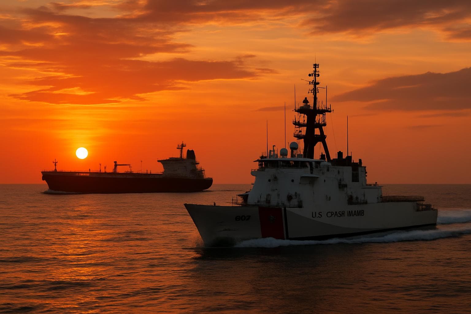 US Coast Guard vessel chasing oil tanker near Venezuela at sunset