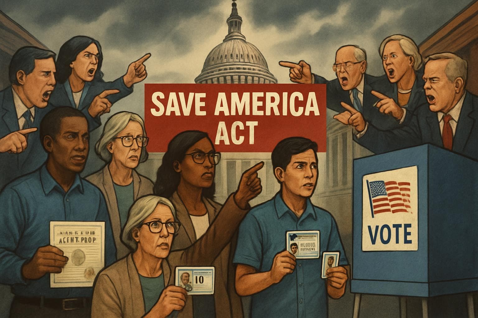 Diverse individuals voting with Capitol building in background