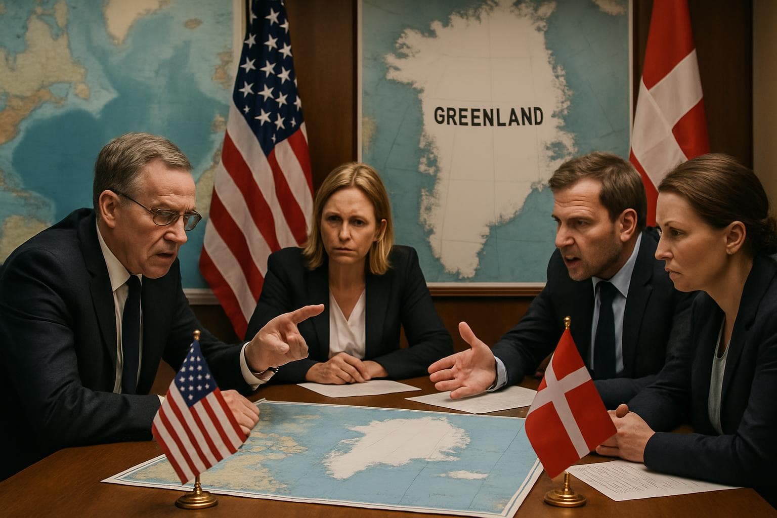 US and Danish officials in a diplomatic meeting with maps and flags