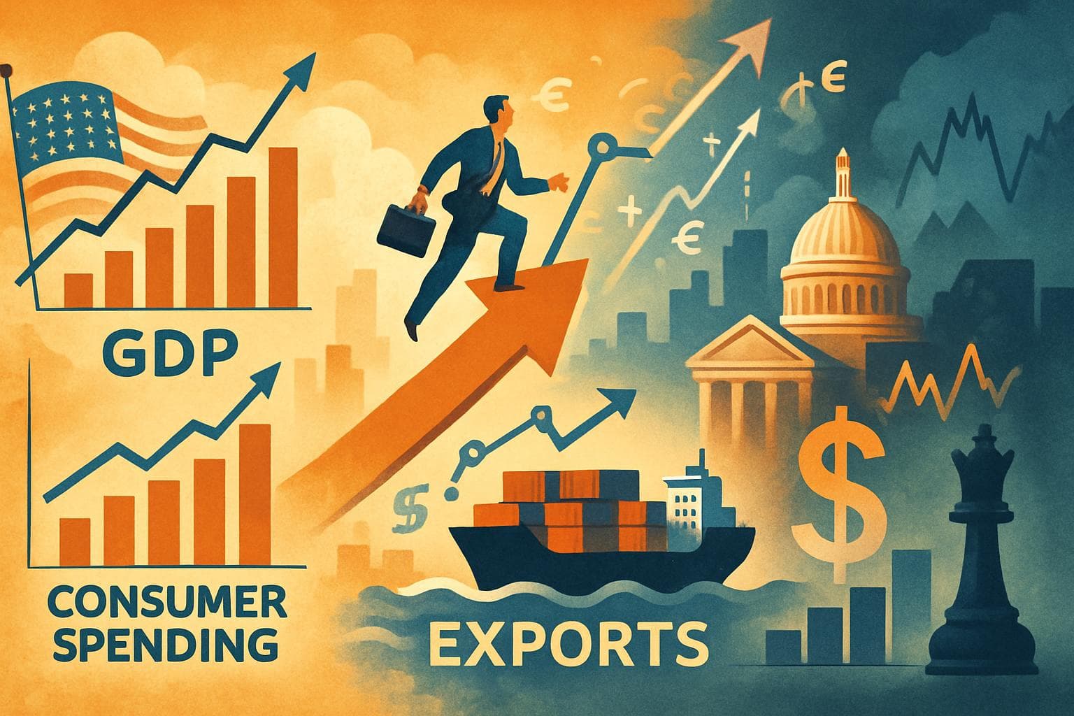 Charts depicting US economy growth with rising GDP and exports