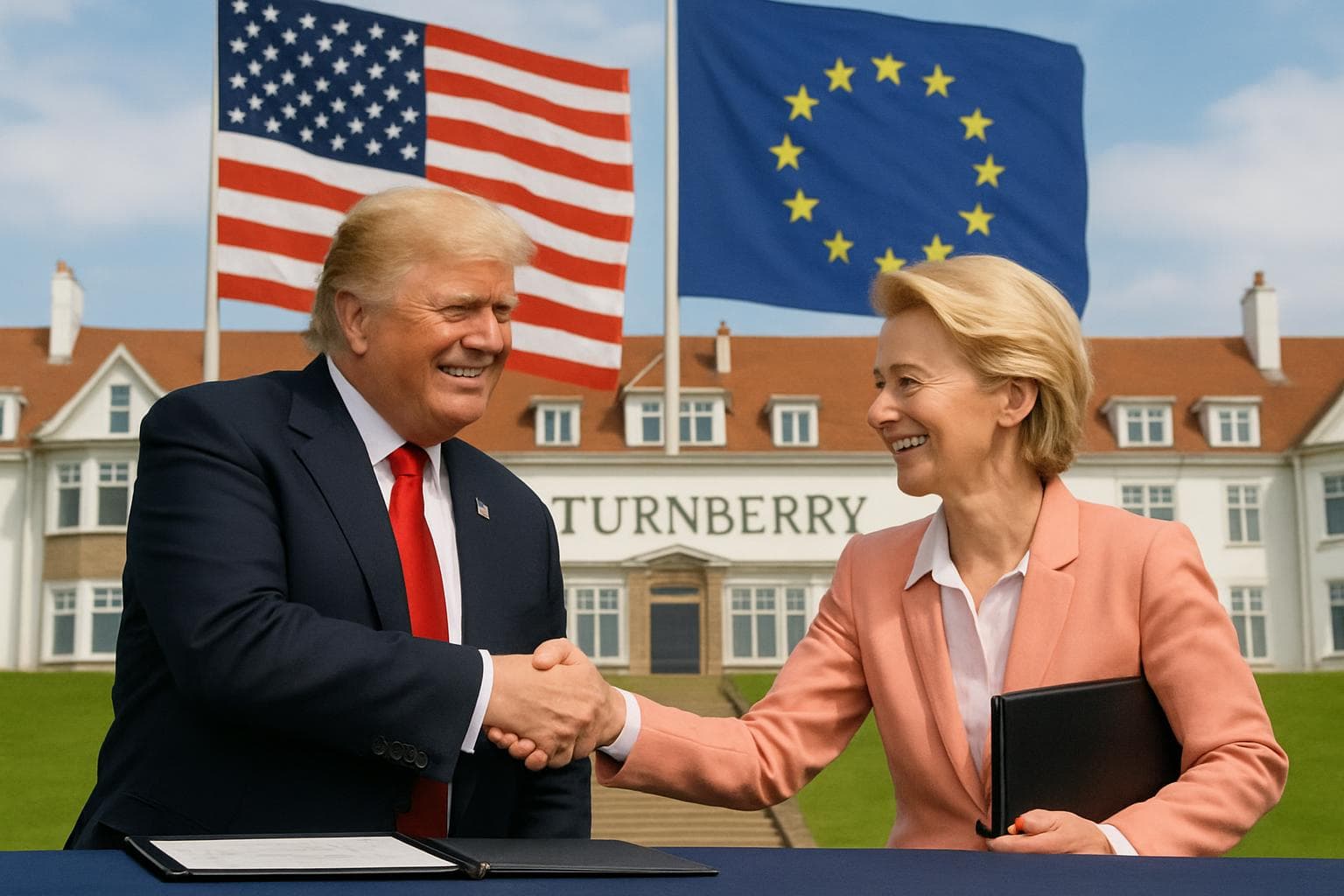 Donald Trump and Ursula von der Leyen shaking hands at Turnberry