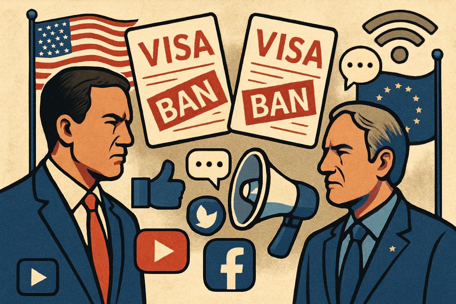 US and EU symbols with digital platforms and free speech icons