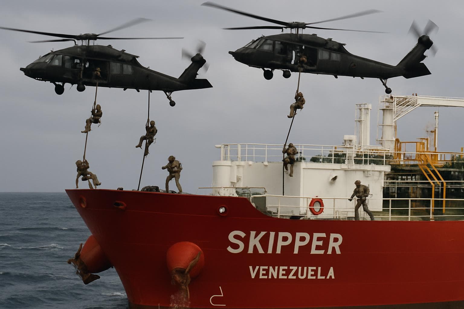 US forces descending from helicopters onto Venezuelan oil tanker