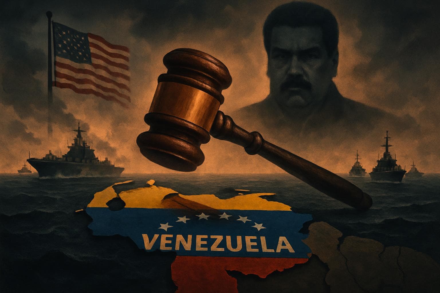 Giant gavel over Venezuela map with military ships