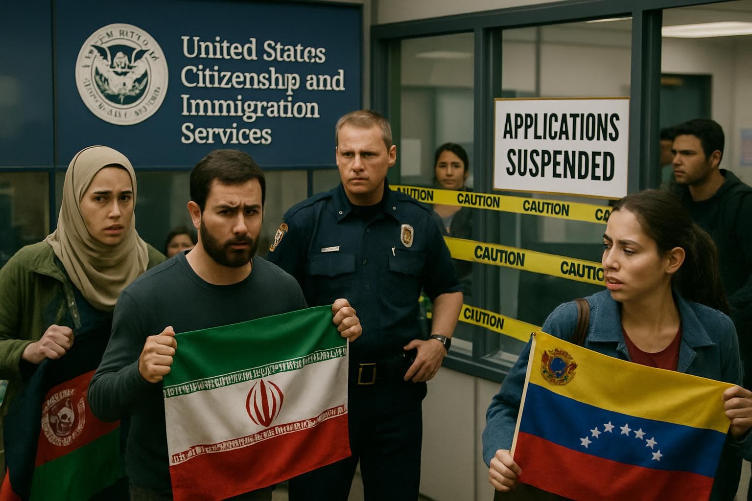 Migrants with flags of Afghanistan, Iran, and Venezuela at US immigration office