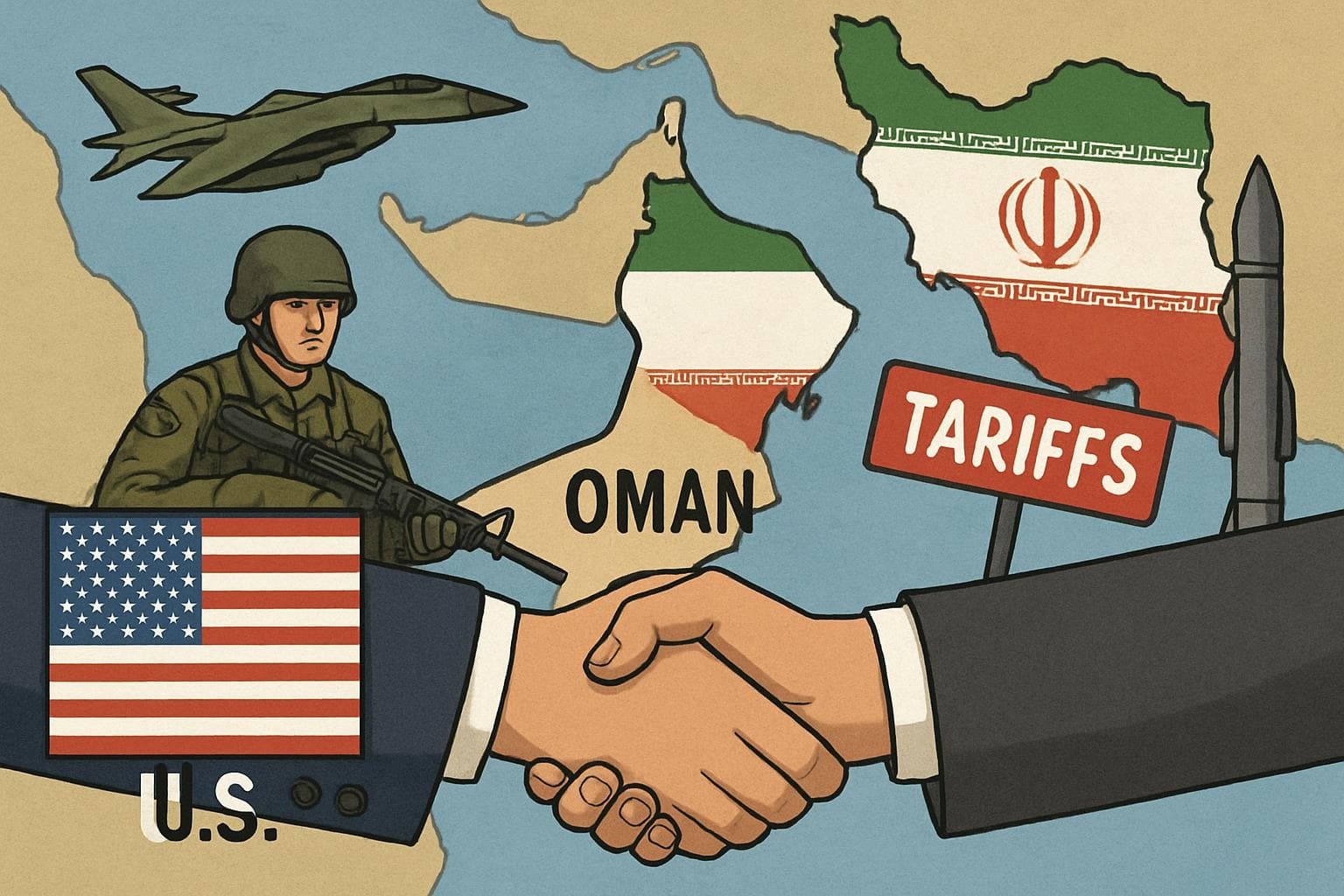 US and Iran handshake over a map of Oman with military presence