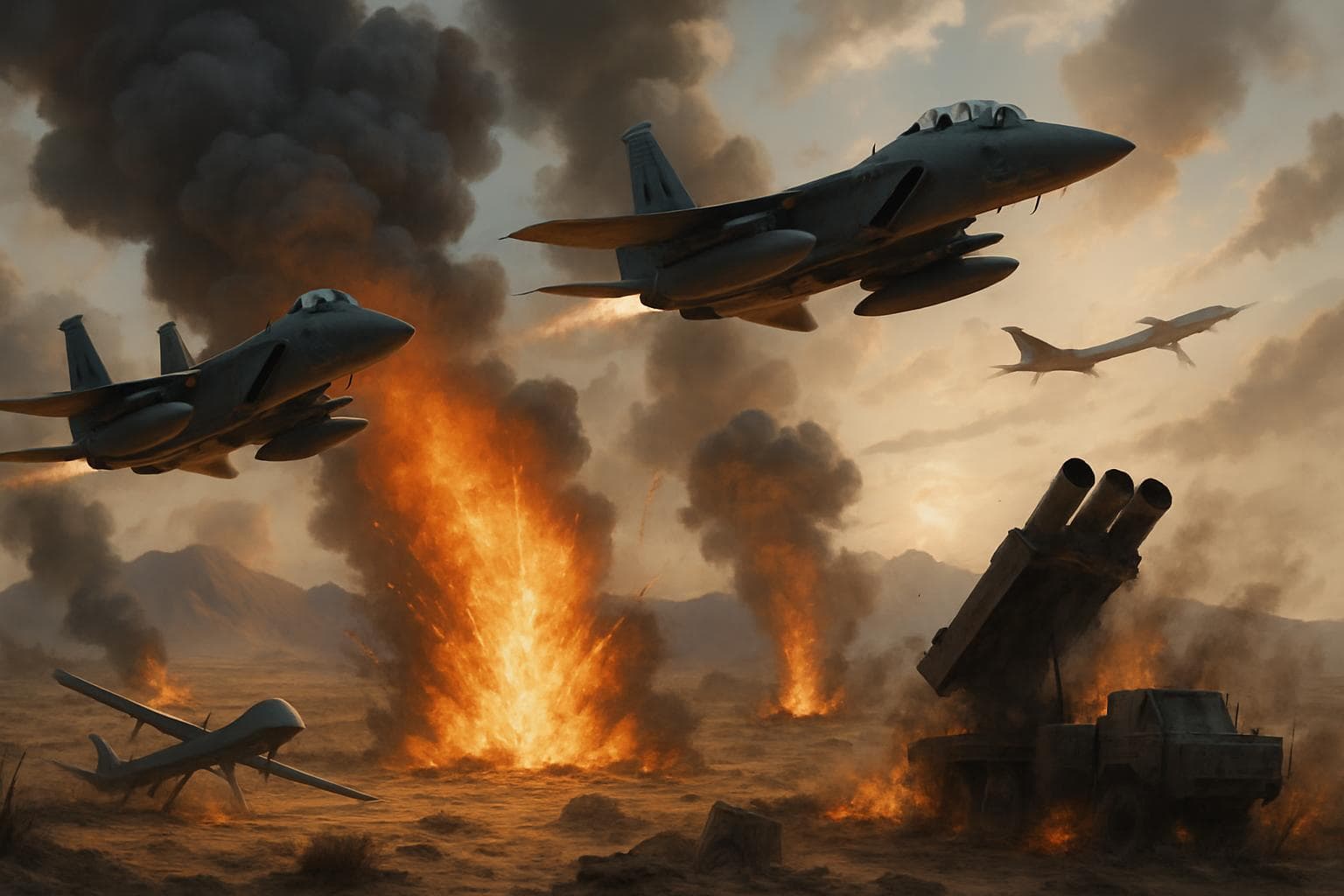 US and Israeli fighter jets over Iranian landscape with explosions