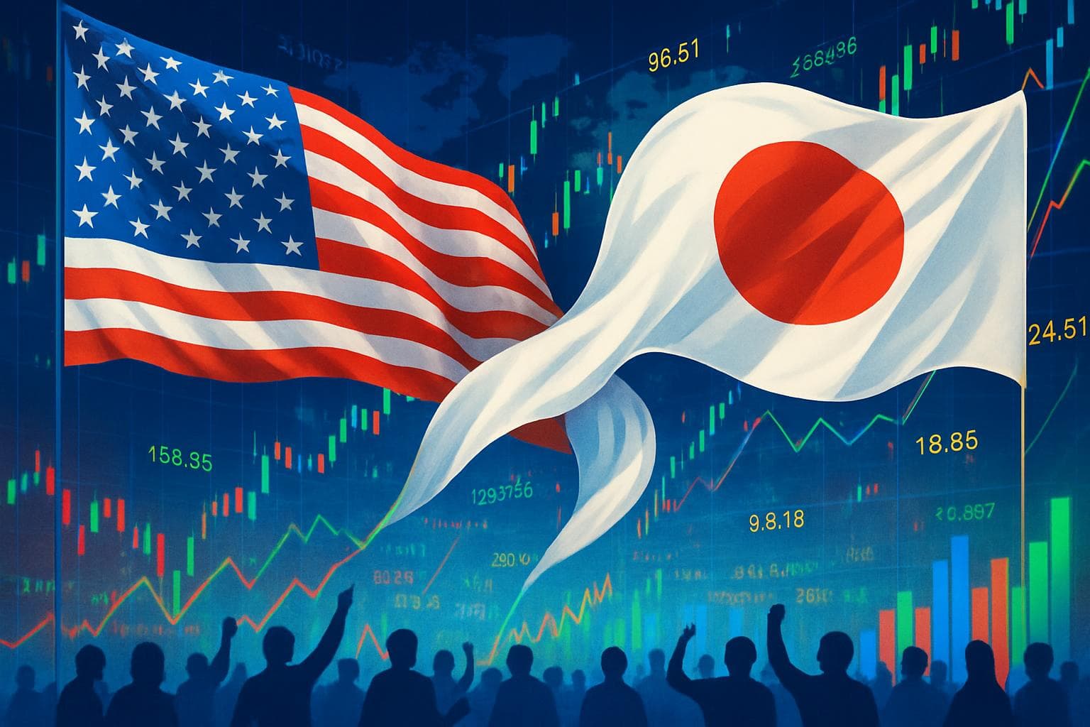 US and Japan flags intertwined in a financial market scene