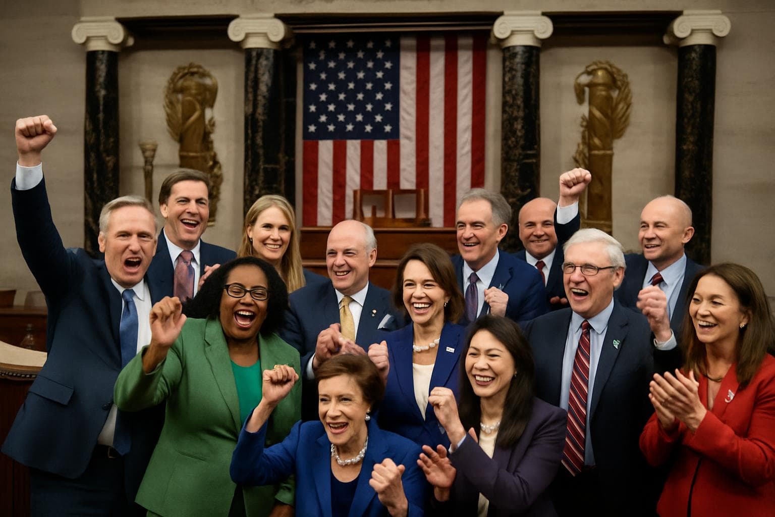 Diverse US lawmakers celebrating healthcare bill passage