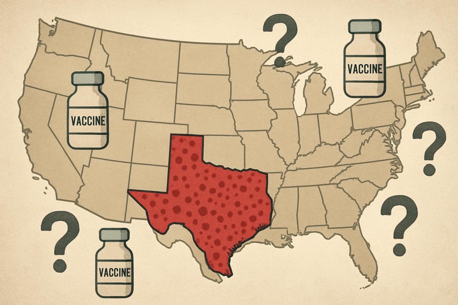 Map of the US with Texas highlighted and measles dots