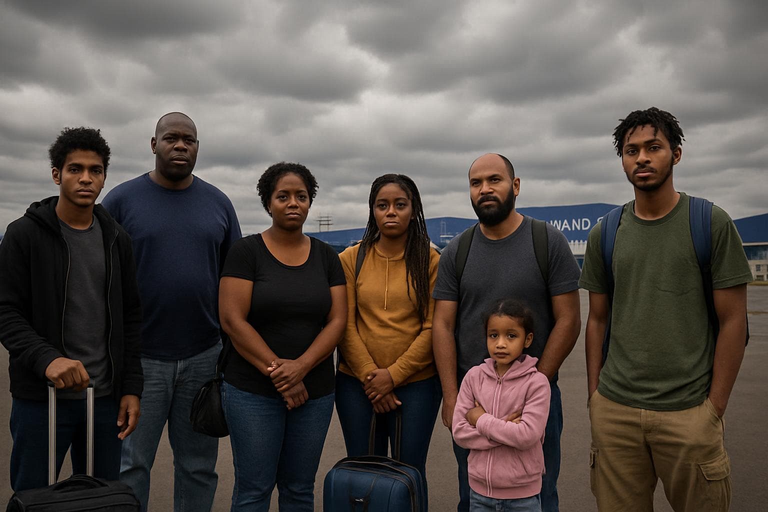 Seven US migrants at an airport in Rwanda under cloudy sky