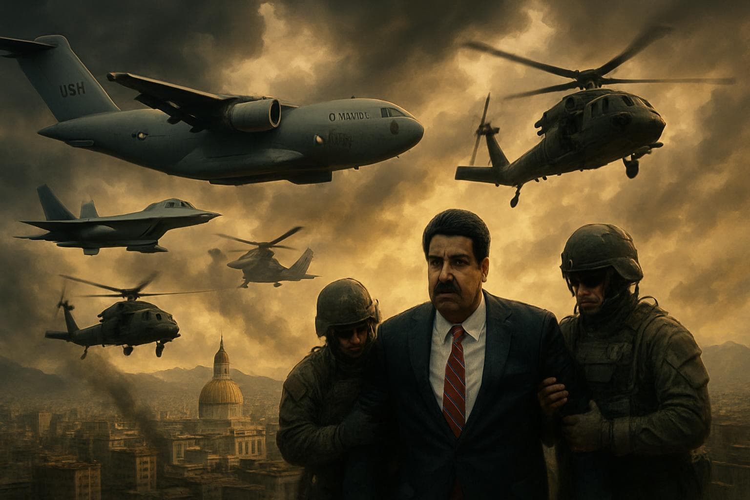 US military aircraft and helicopters over Caracas