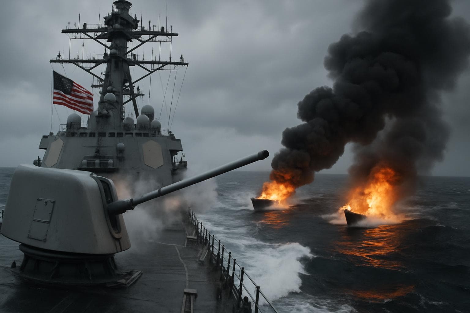 US Navy ship targeting burning Venezuelan drug boats in rough seas