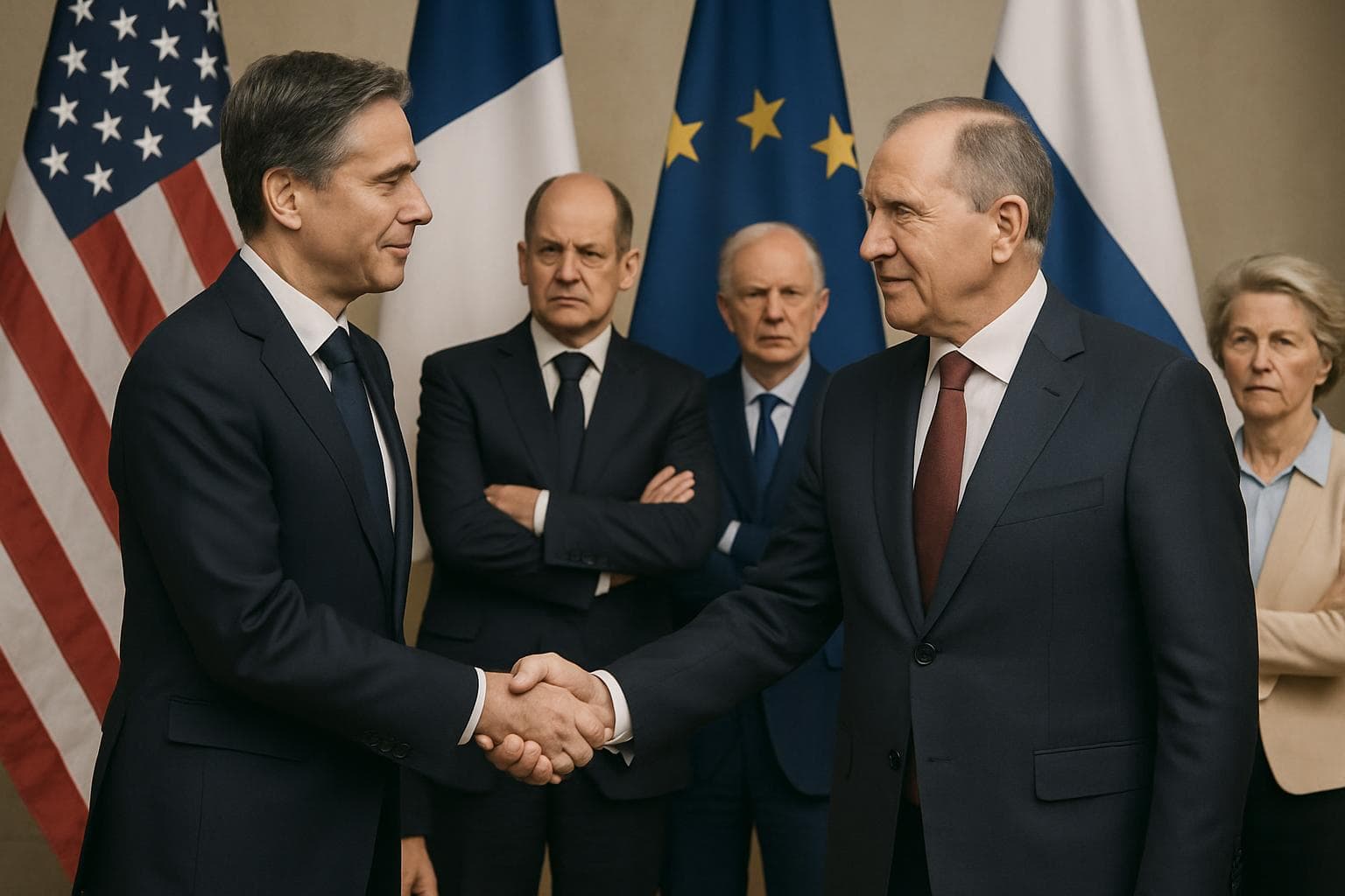 US and Russian diplomats shaking hands in front of flags