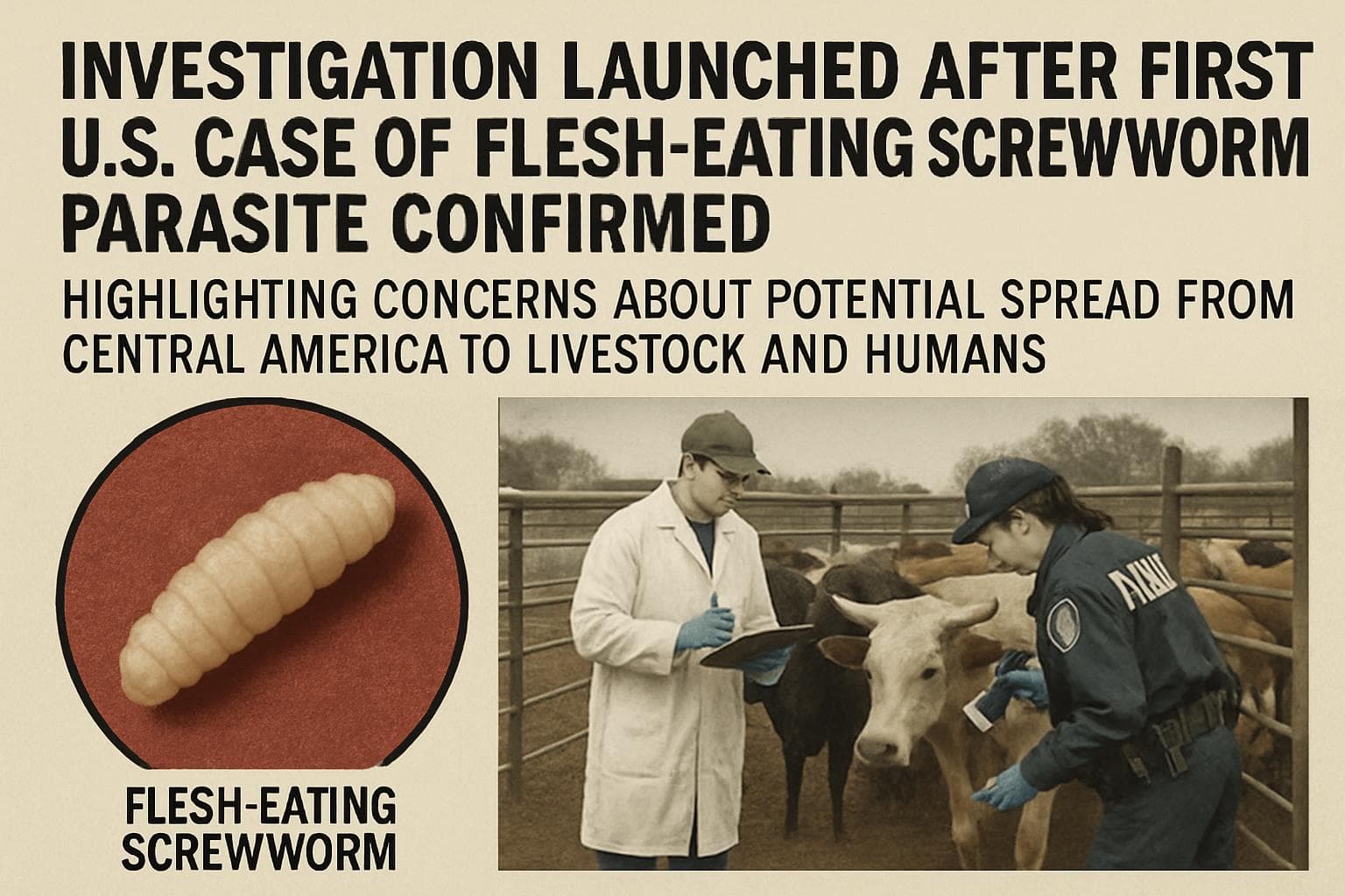 Microscopic view of screwworm parasite on a map of the US