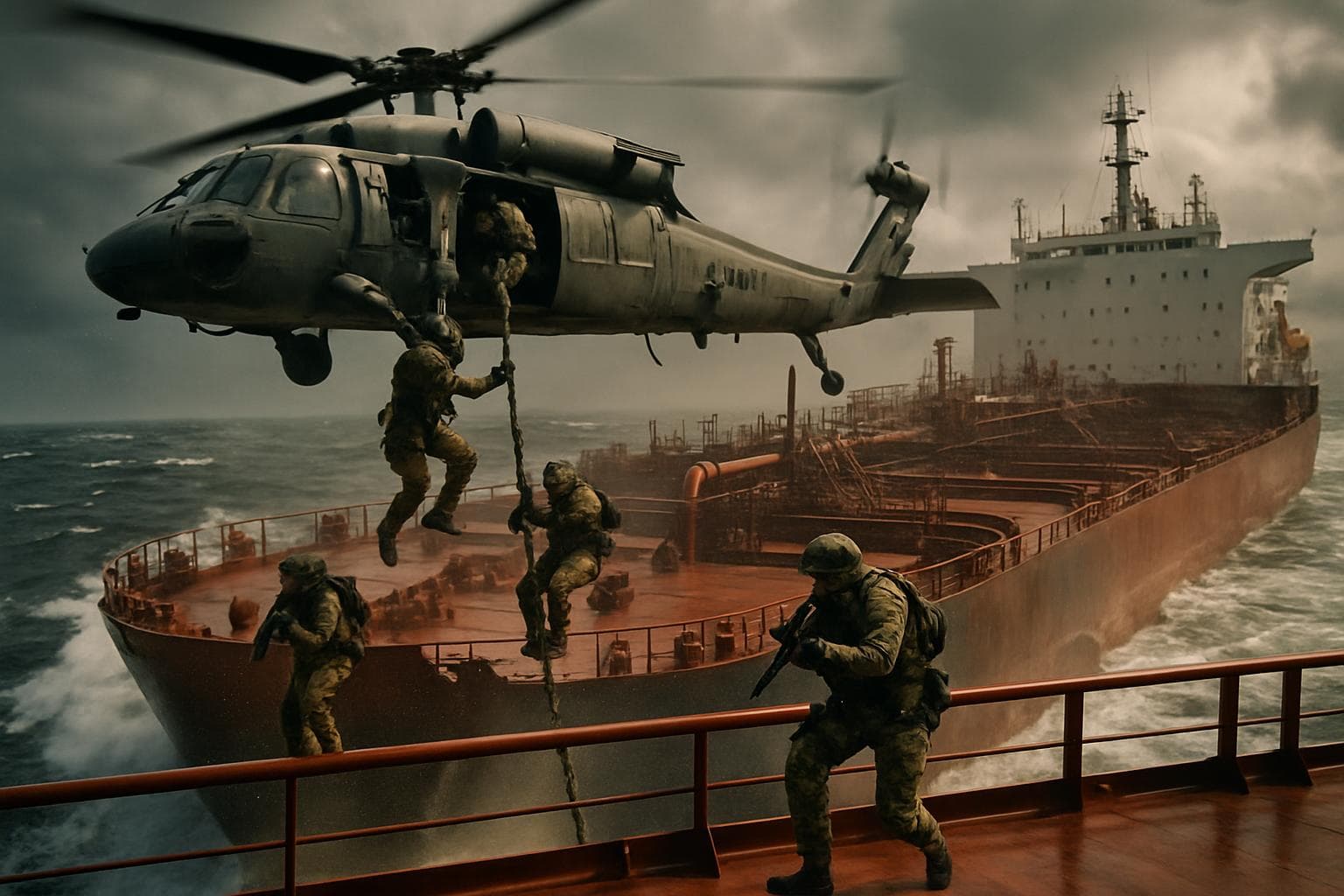 Camouflaged soldiers descending from helicopter onto oil tanker