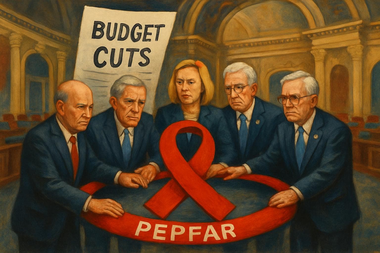US senators encircle red ribbon symbolizing Pepfar funding