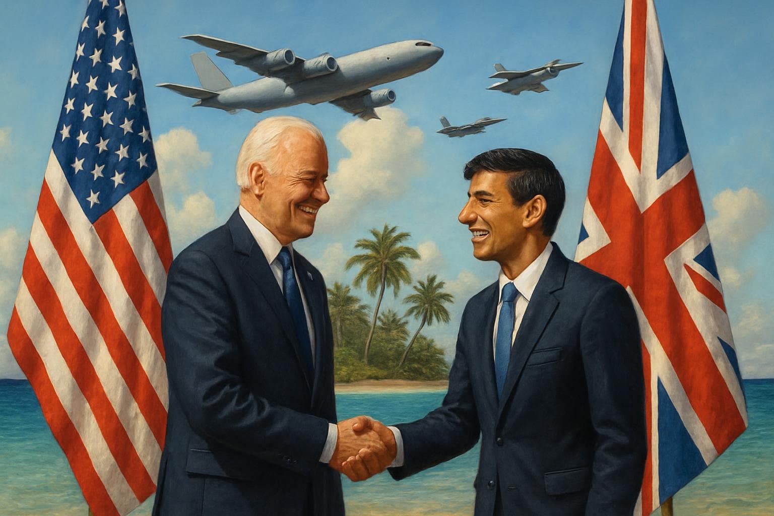 US and UK leaders shaking hands with military aircraft overhead