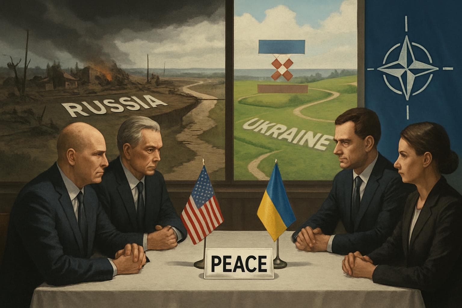 US and Ukrainian flags on a peace negotiation table