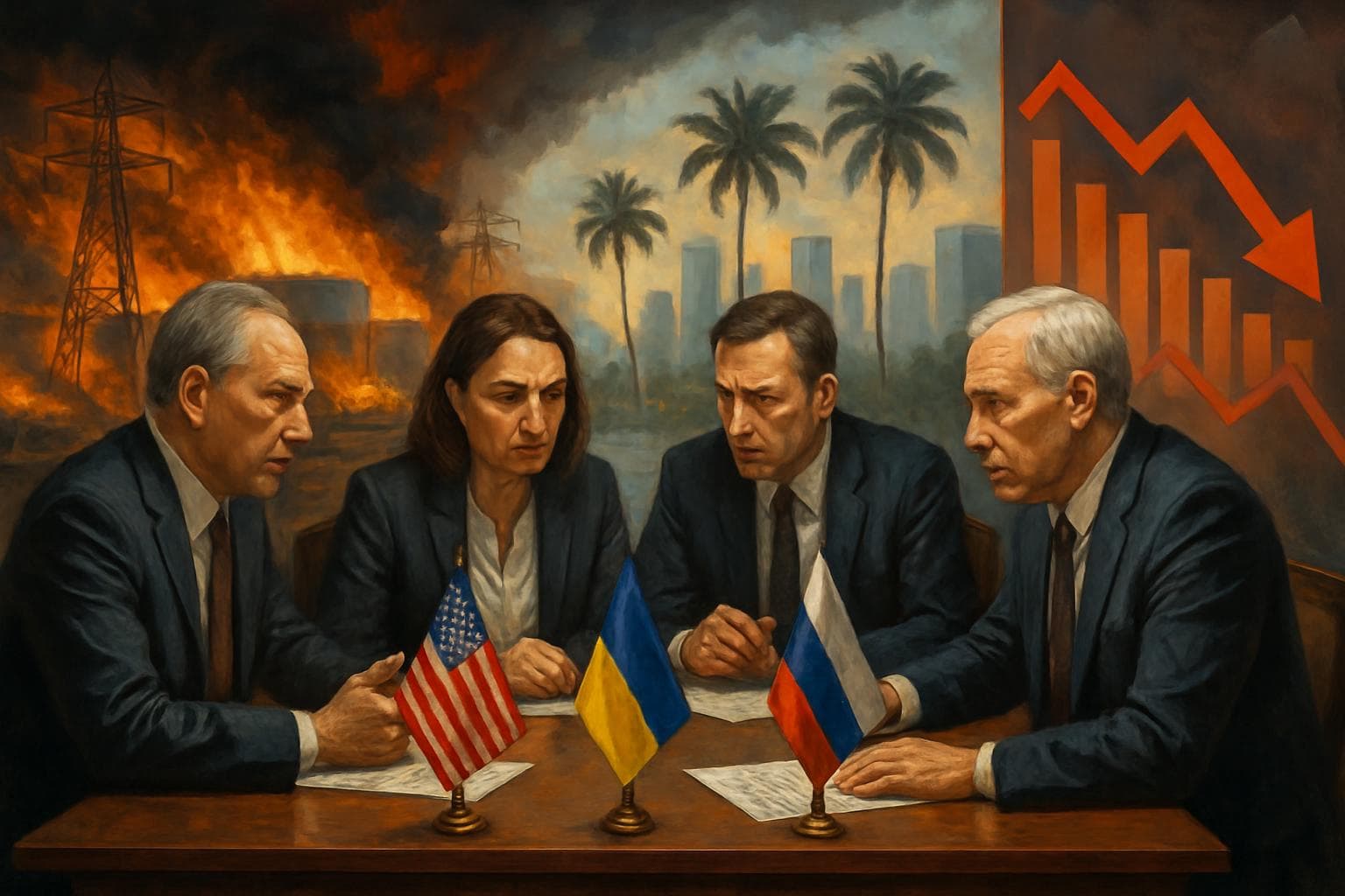 Diplomats at negotiation table with US, Ukrainian, and Russian flags