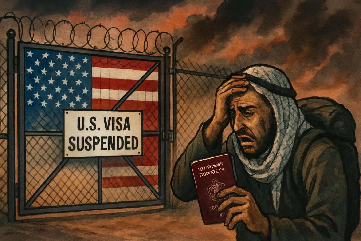 Closed gate with US flag and distressed Palestinian traveler
