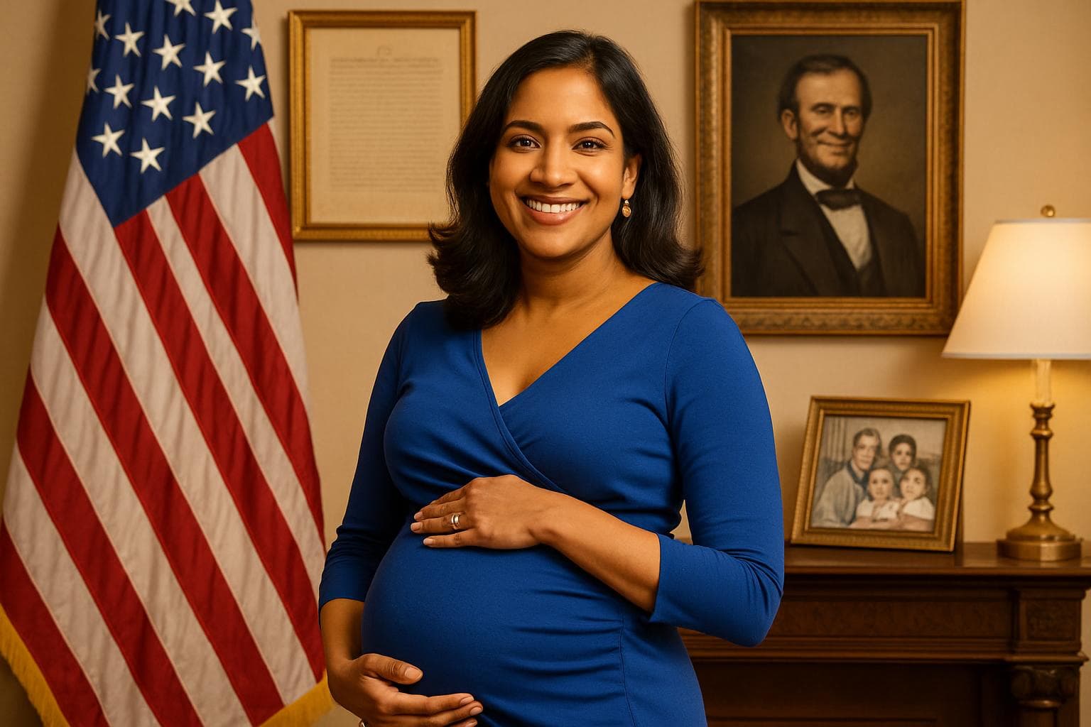 Usha Vance smiling and cradling her baby bump