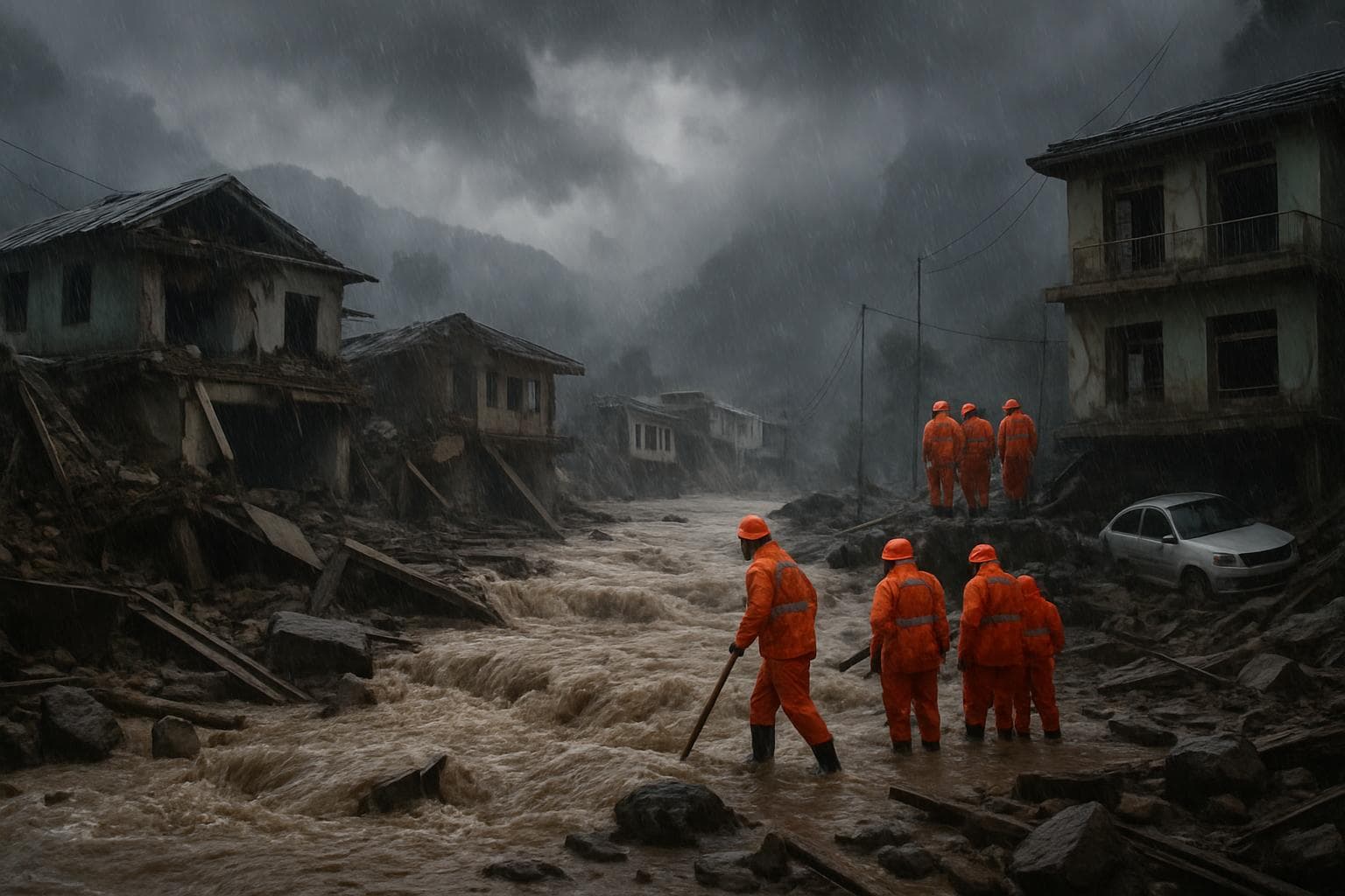 Flash floods in Uttarakhand with submerged roads and damaged buildings