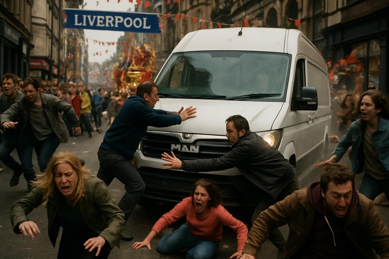 Vehicle plowing through crowded Liverpool street during parade