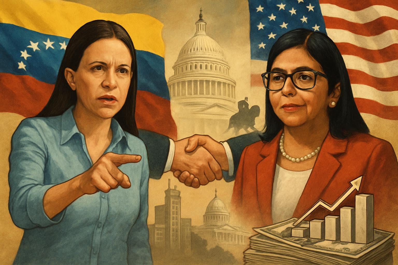 Venezuelan political leaders María Corina Machado and Delcy Rodríguez