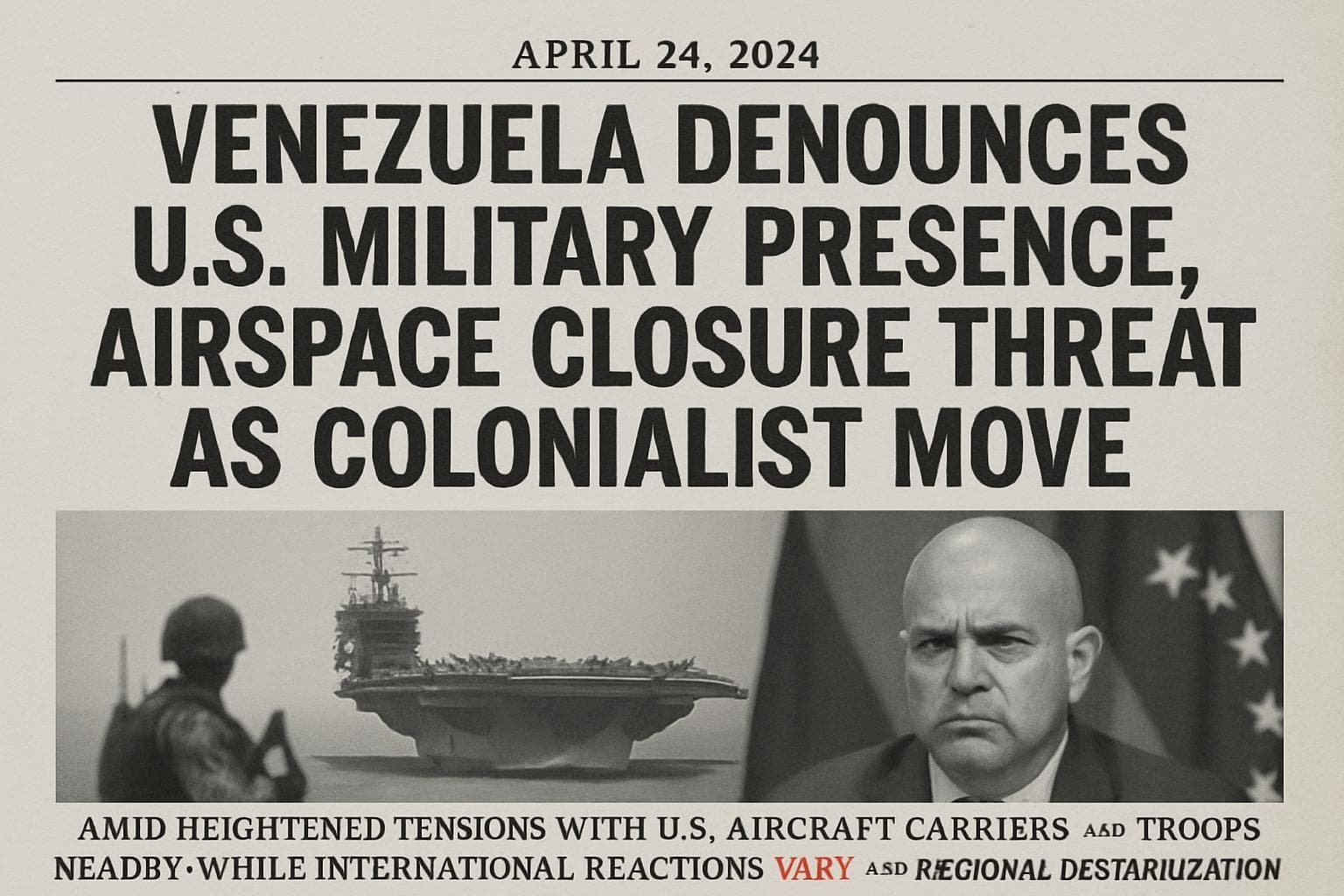 Venezuelan flag with U.S. military aircraft carriers nearby