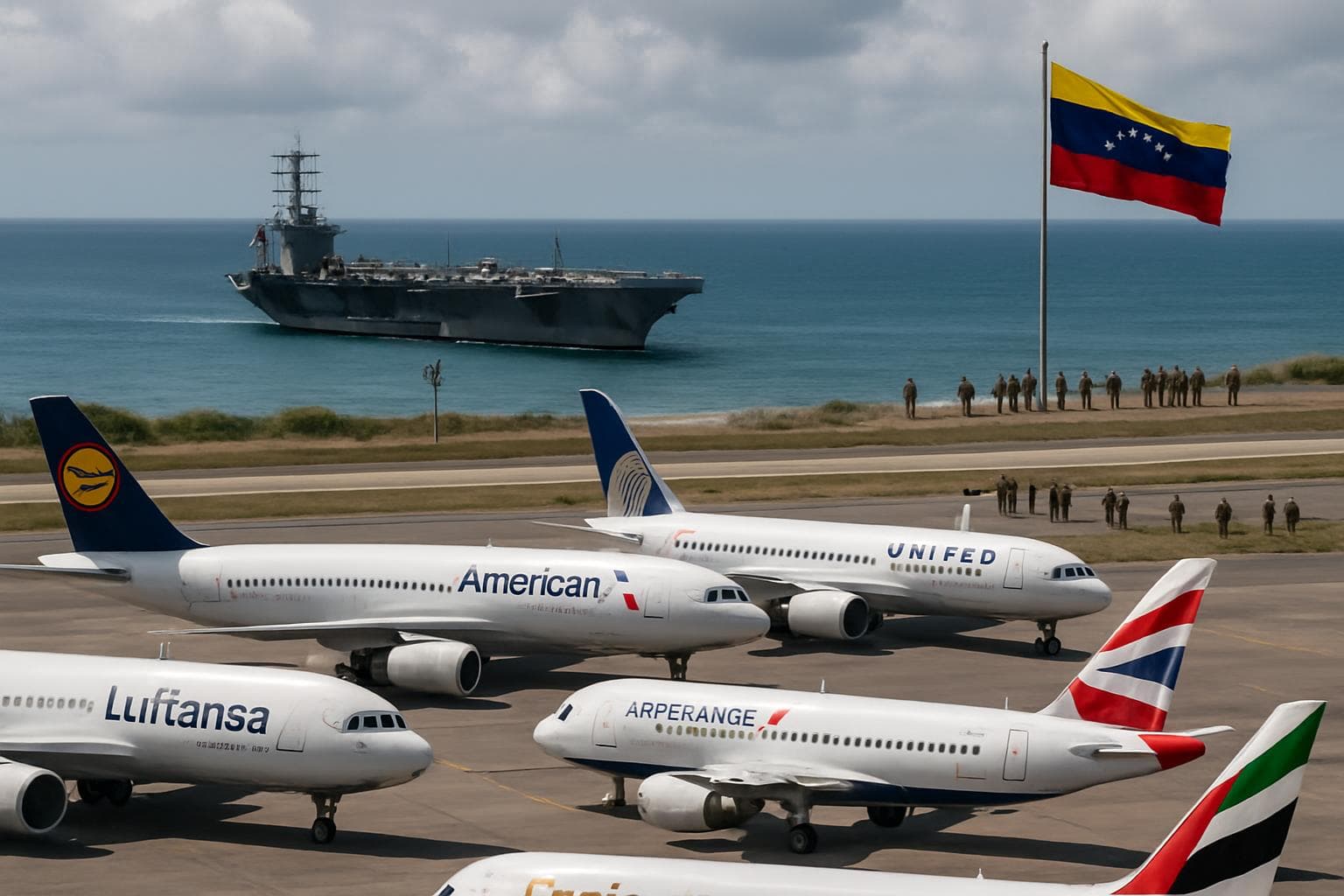 Grounded planes at Venezuelan airport with US aircraft carrier nearby