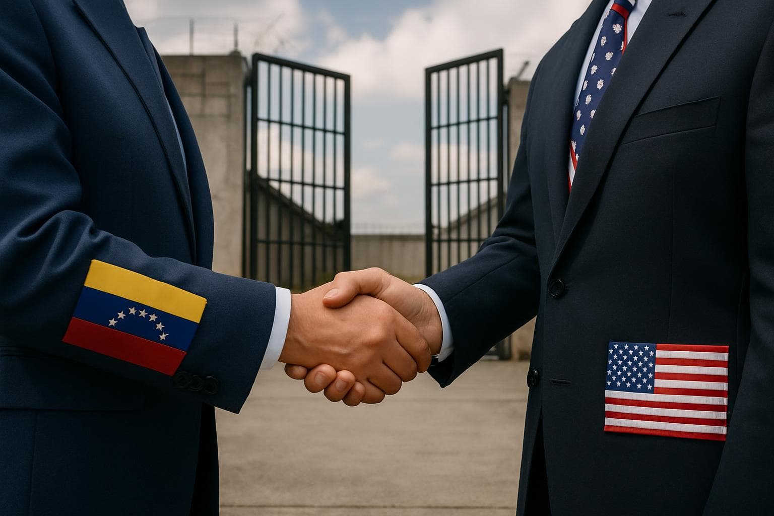 Venezuelan and American diplomats shaking hands near open prison gate