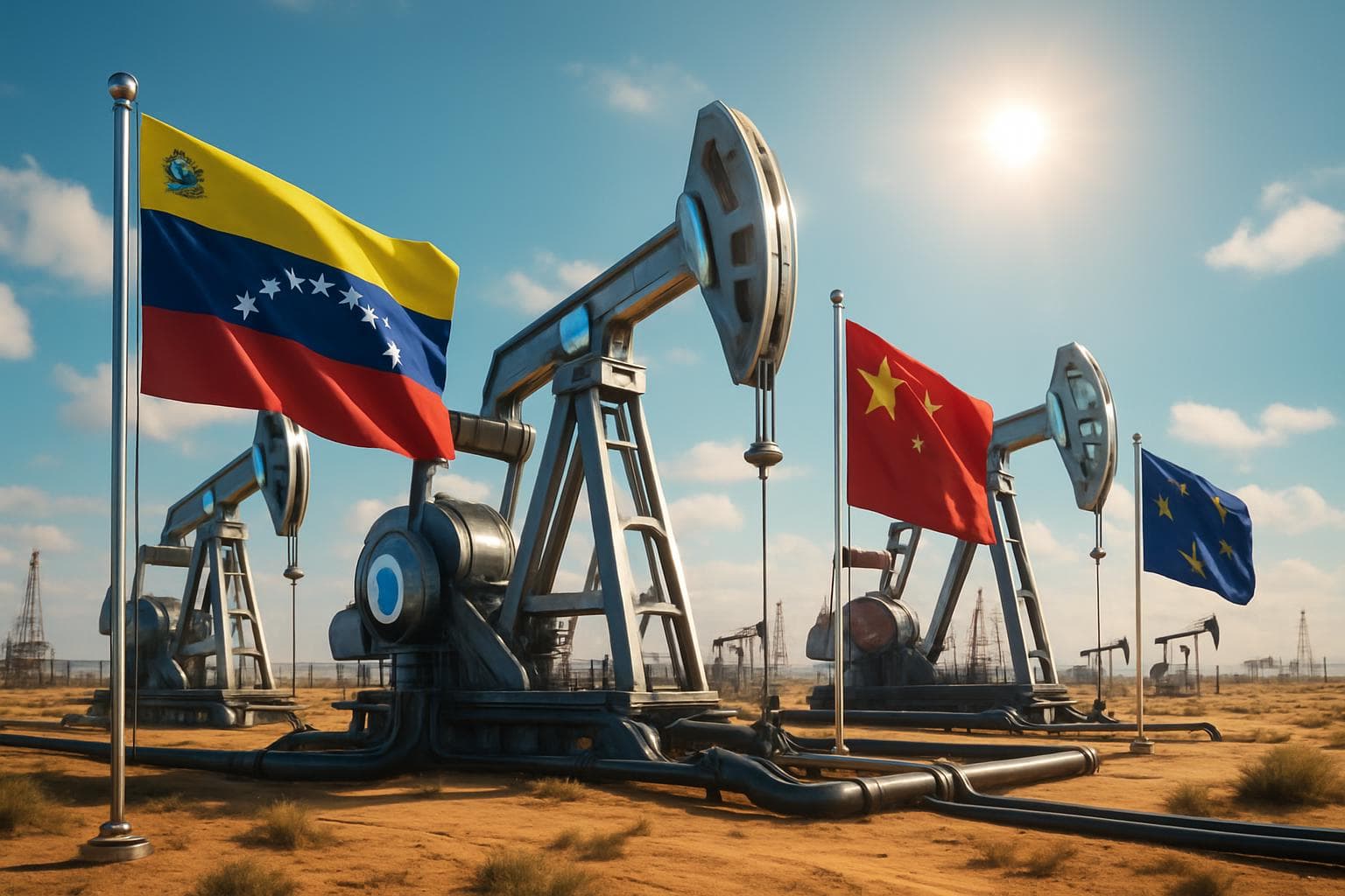 Futuristic drilling rigs in Venezuelan oil fields with flags