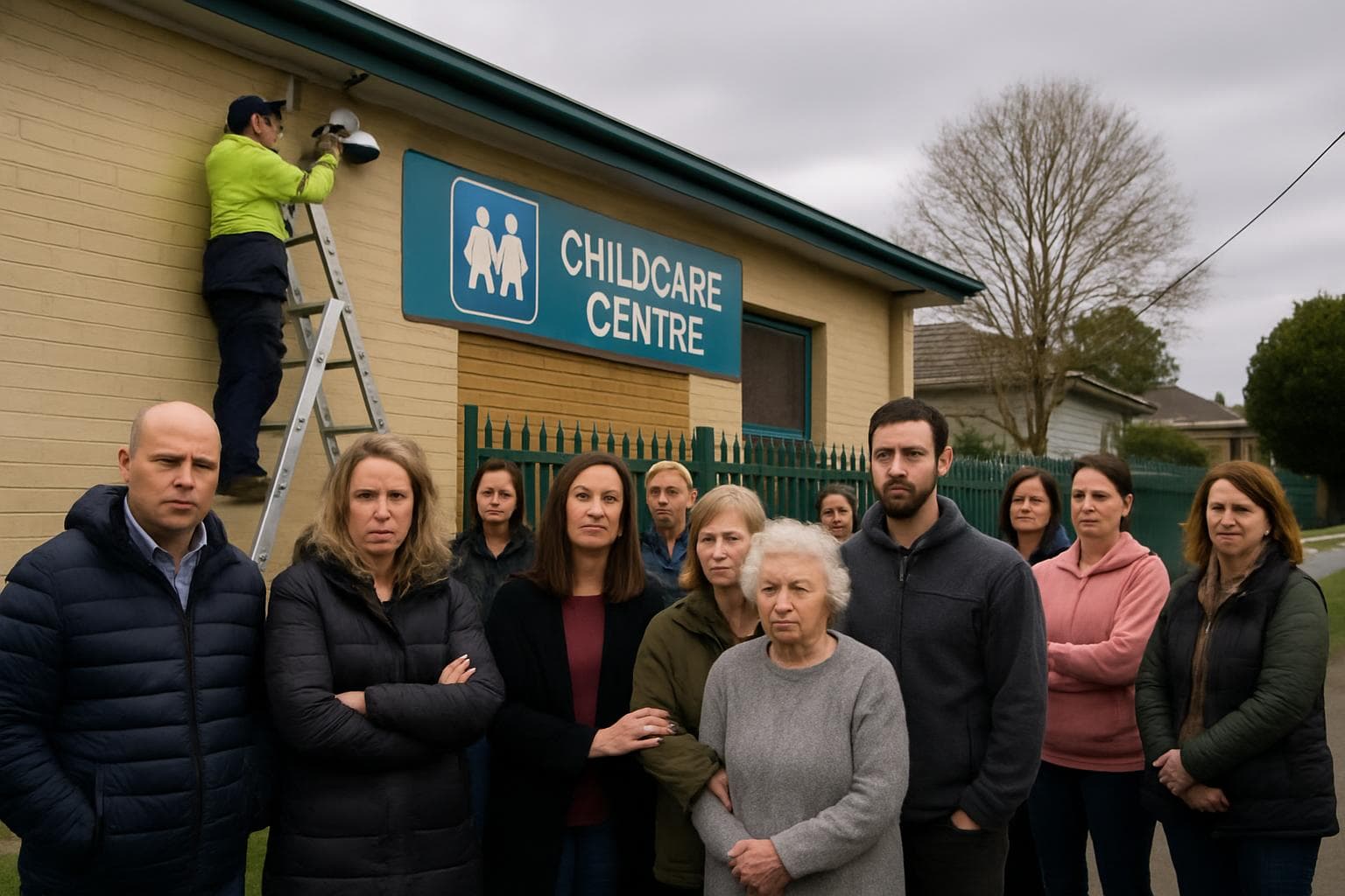 Community gathering at childcare center with security cameras