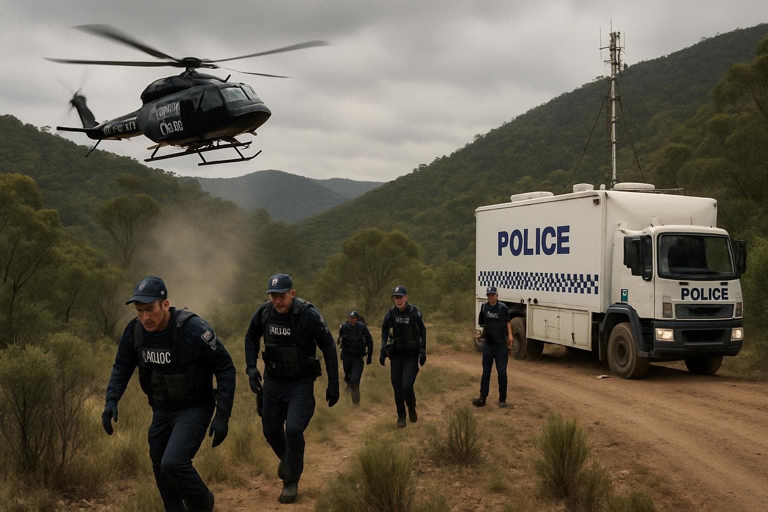 Police officers and helicopter in Victoria terrain