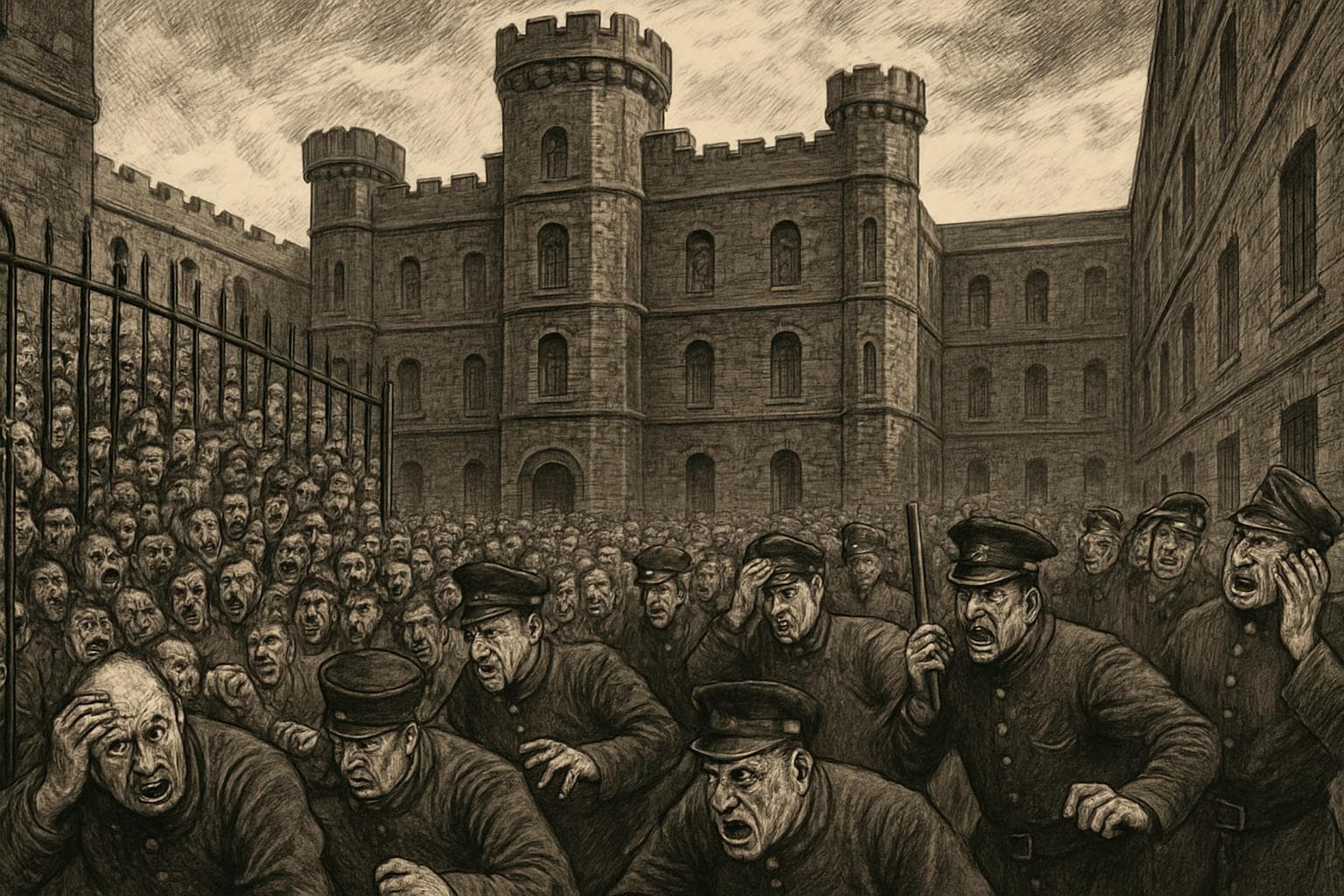 Victorian-era prison with overcrowded inmates and stressed staff