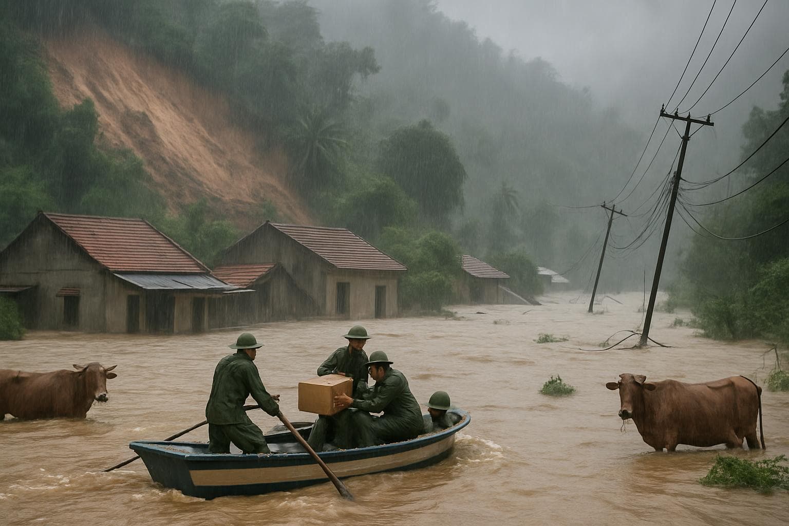 Flooded homes in Vietnam with military boats delivering supplies